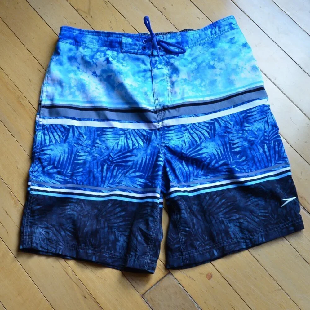 Speedo Men’s Leaf Tie Dye Print Stripes Multi-Colored Mesh Lined Swim Trunks L